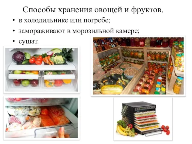 Способы хранения овощей и фруктов. в холодильнике или погребе; замораживают в морозильной камере; сушат.