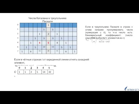 Числа Каталана в треугольнике Паскаля Если в чётных строках i от