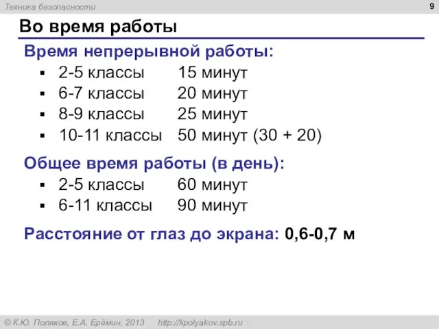 Во время работы Время непрерывной работы: 2-5 классы 15 минут 6-7