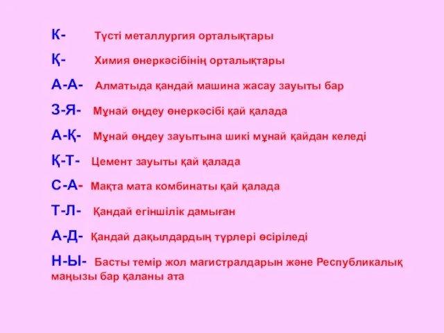 К- Түсті металлургия орталықтары Қ- Химия өнеркәсібінің орталықтары А-А- Алматыда қандай