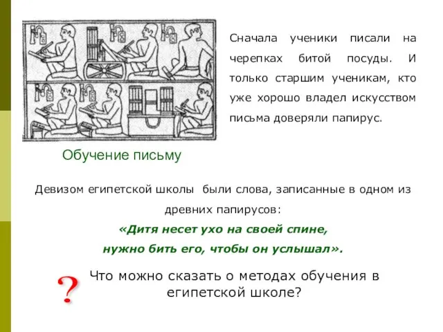 Обучение письму Сначала ученики писали на черепках битой посуды. И только