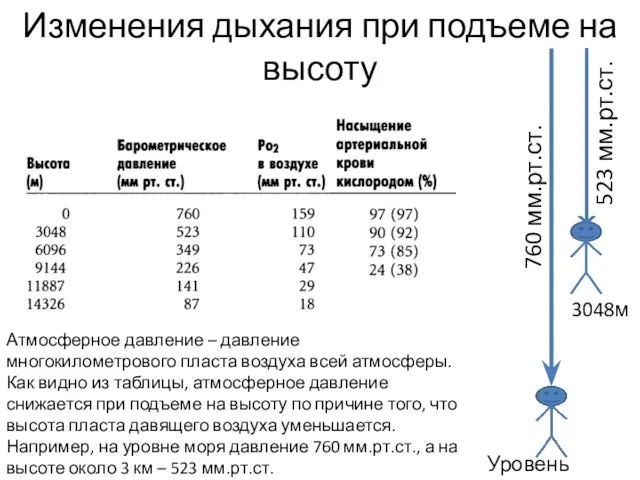 Изменения дыхания при подъеме на высоту Атмосферное давление – давление многокилометрового