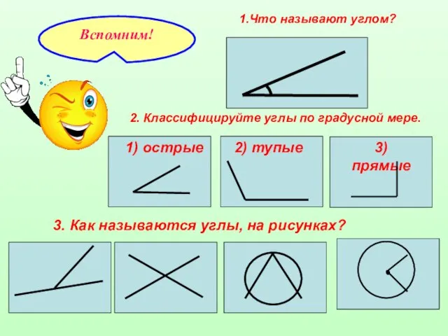 1.Что называют углом? 2. Классифицируйте углы по градусной мере. 3. Как называются углы, на рисунках?