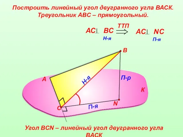 Построить линейный угол двугранного угла ВАСК. Треугольник АВС – прямоугольный. А