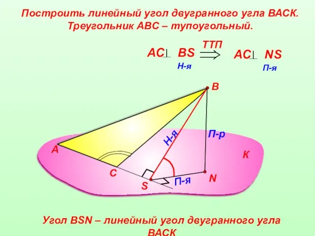 Построить линейный угол двугранного угла ВАСК. Треугольник АВС – тупоугольный. А