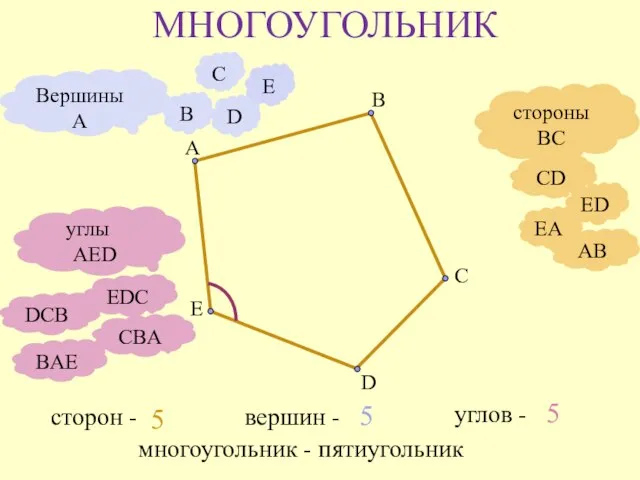 МНОГОУГОЛЬНИК AB EA ED CD А С E B D Вершины