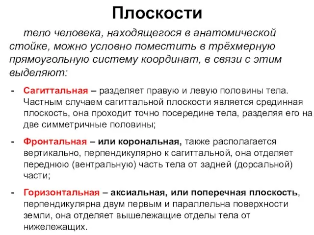 Плоскости тело человека, находящегося в анатомической стойке, можно условно поместить в