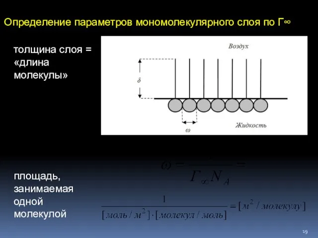 Определение параметров мономолекулярного слоя по Г∞ толщина слоя = «длина молекулы» площадь, занимаемая одной молекулой