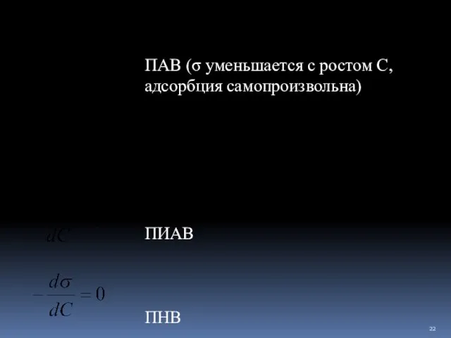 ПАВ (σ уменьшается с ростом С, адсорбция самопроизвольна) ПИАВ ПНВ