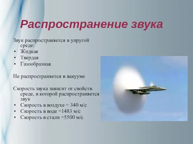 Распространение звука Звук распространяется в упругой среде: Жидкая Твердая Газообразная Не