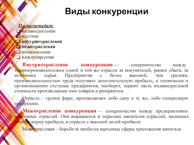 Виды конкуренции По масштабам: индивидуальная местная внутриотраслевая межотраслевая национальная международная Внутриотраслевая