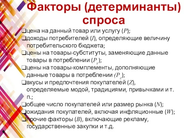 Факторы (детерминанты) спроса цена на данный товар или услугу (Р); доходы