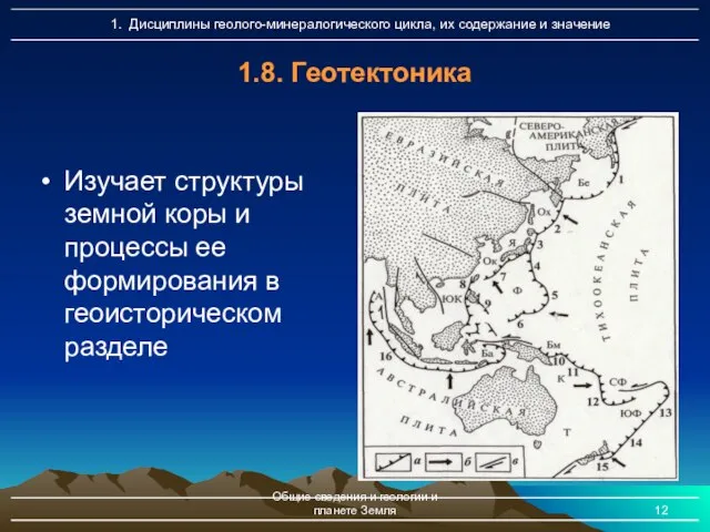 Общие сведения и геологии и планете Земля 1.8. Геотектоника Изучает структуры