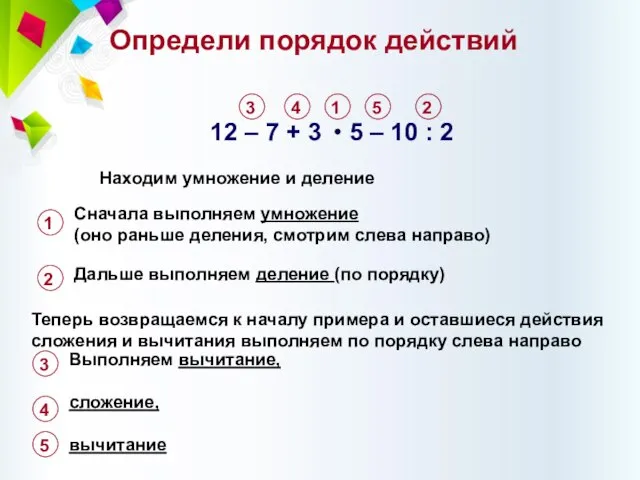 Определи порядок действий 12 – 7 + 3 5 – 10