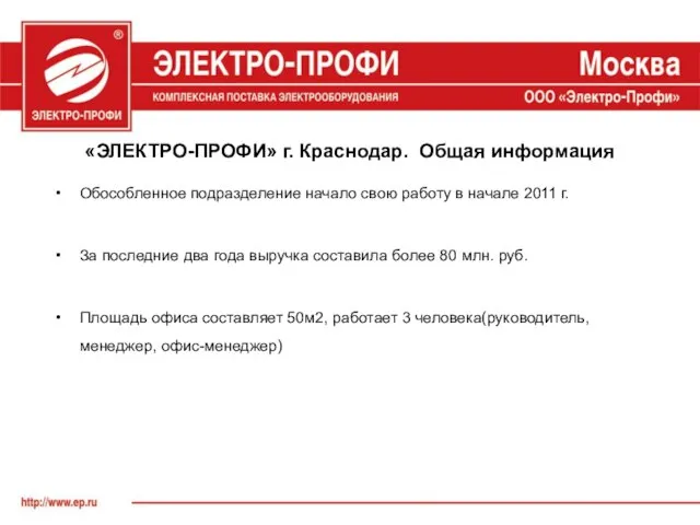 «ЭЛЕКТРО-ПРОФИ» г. Краснодар. Общая информация Обособленное подразделение начало свою работу в