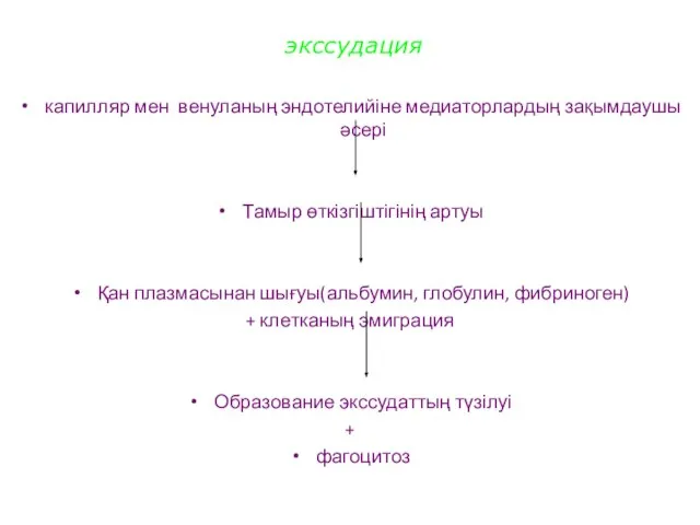 экссудация капилляр мен венуланың эндотелийіне медиаторлардың зақымдаушы әсері Тамыр өткізгіштігінің артуы