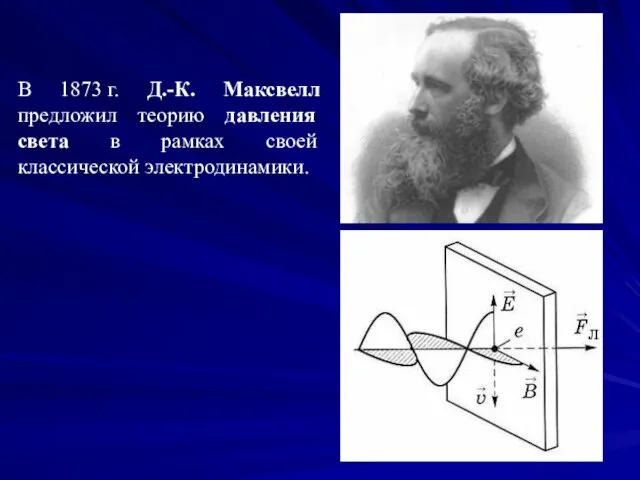 В 1873 г. Д.-К. Максвелл предложил теорию давления света в рамках своей классической электродинамики.