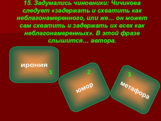 15. Задумались чиновники: Чичикова следует «задержать и схватить как неблагонамеренного, или