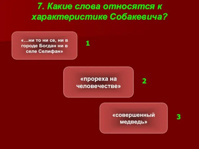 7. Какие слова относятся к характеристике Собакевича? 1 1 2 3