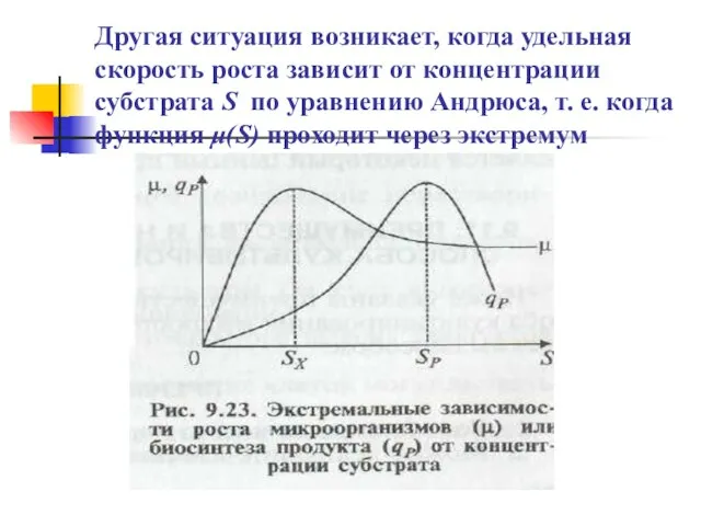 Другая ситуация возникает, когда удельная скорость роста зависит от концентрации субстрата