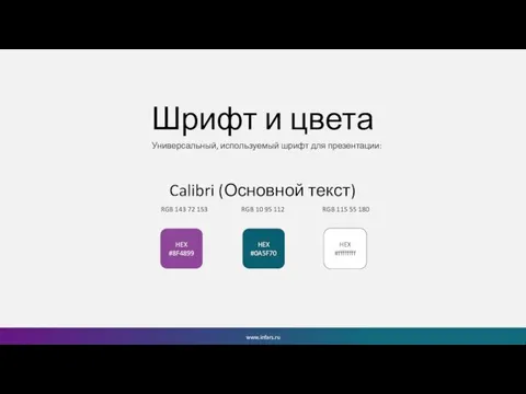 Шрифт и цвета Универсальный, используемый шрифт для презентации: HEX #0A5F70 HEX