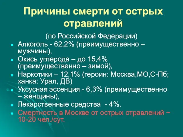 Причины смерти от острых отравлений (по Российской Федерации) Алкоголь - 62,2%