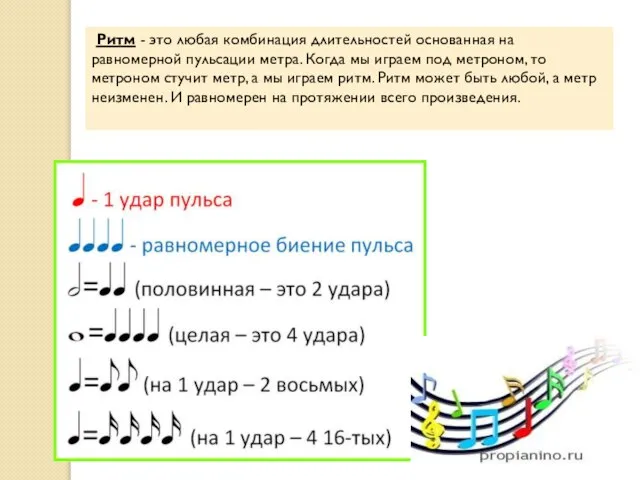 Ритм - это любая комбинация длительностей основанная на равномерной пульсации метра.