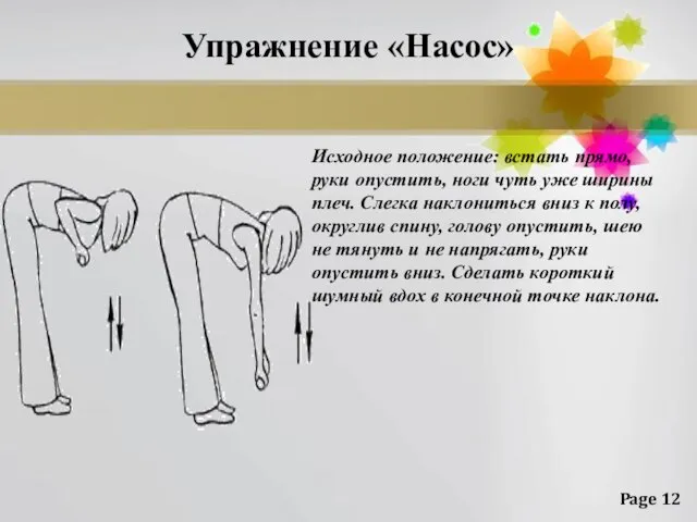 Упражнение «Насос» Исходное положение: встать прямо, руки опустить, ноги чуть уже