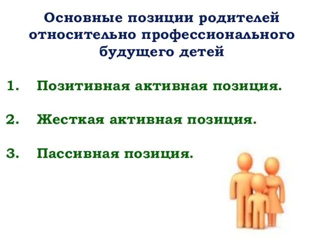 Позитивная активная позиция. Жесткая активная позиция. Пассивная позиция. Основные позиции родителей относительно профессионального будущего детей