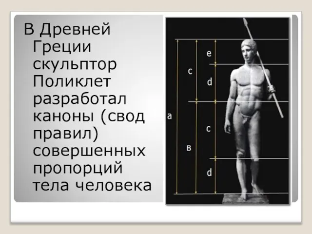 В Древней Греции скульптор Поликлет разработал каноны (свод правил) совершенных пропорций тела человека