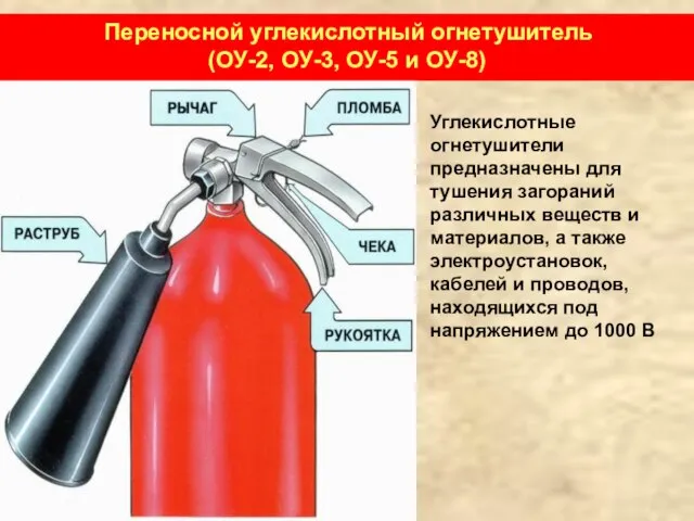 Переносной углекислотный огнетушитель (ОУ-2, ОУ-3, ОУ-5 и ОУ-8) Углекислотные огнетушители предназначены