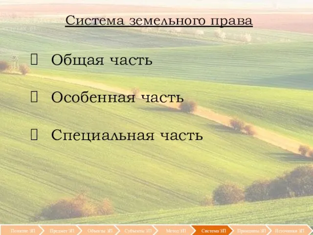 Система земельного права Общая часть Особенная часть Специальная часть