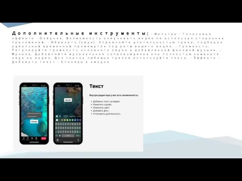 Дополнительные инструменты: · Фильтры · Голосовые эффекты · Озвучка. Возможность озвучивать