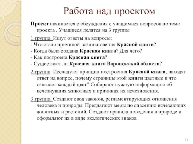 Работа над проектом Проект начинается с обсуждения с учащимися вопросов по