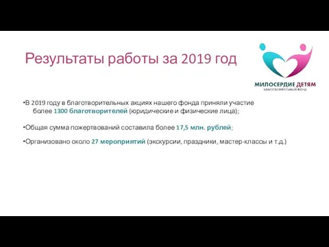 Результаты работы за 2019 год В 2019 году в благотворительных акциях