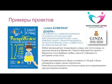 Примеры проектов «GINZA БУМЕРАНГ ДОБРА» Любой желающий мог пожертвовать новые, или