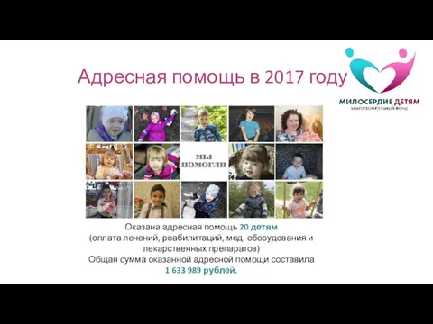 Адресная помощь в 2017 году Оказана адресная помощь 20 детям (оплата
