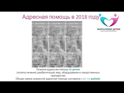 Адресная помощь в 2018 году Оказана адресная помощь 26 детям (оплата