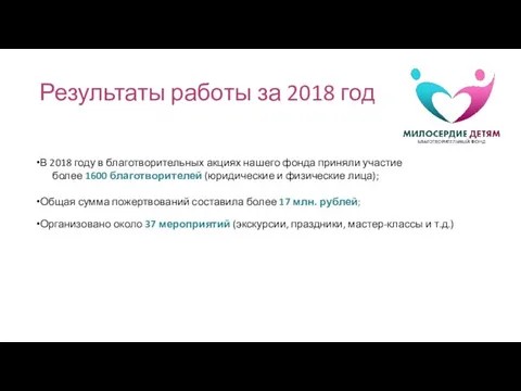 Результаты работы за 2018 год В 2018 году в благотворительных акциях