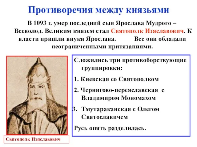 Противоречия между князьями В 1093 г. умер последний сын Ярослава Мудрого