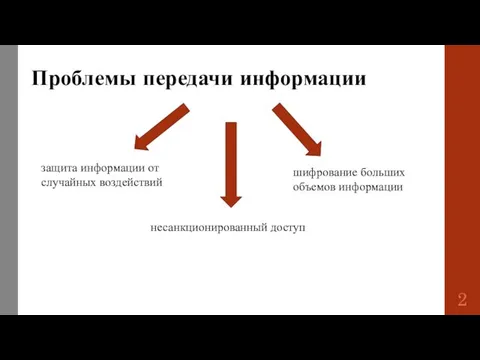 Проблемы передачи информации защита информации от случайных воздействий шифрование больших объемов информации несанкционированный доступ