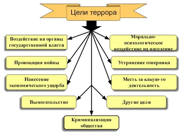 Цели террора Морально-психологическое воздействие на население Провокация войны Устранение соперника Нанесение