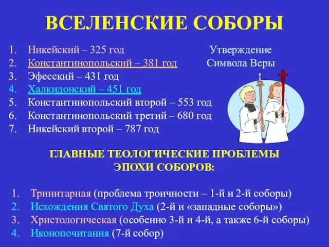 ВСЕЛЕНСКИЕ СОБОРЫ Никейский – 325 год Константинопольский – 381 год Эфесский