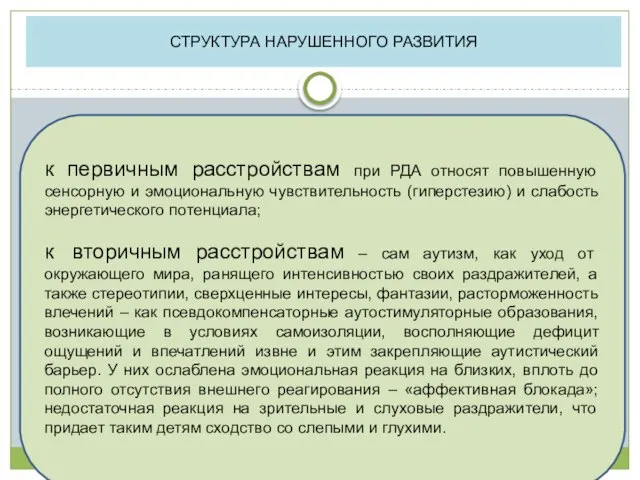 СТРУКТУРА НАРУШЕННОГО РАЗВИТИЯ к первичным расстройствам при РДА относят повышенную сенсорную