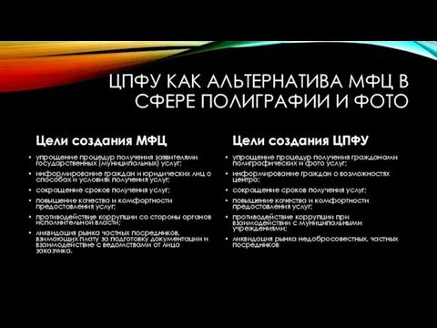 Цели создания МФЦ Цели создания ЦПФУ упрощение процедур получения гражданами полиграфических