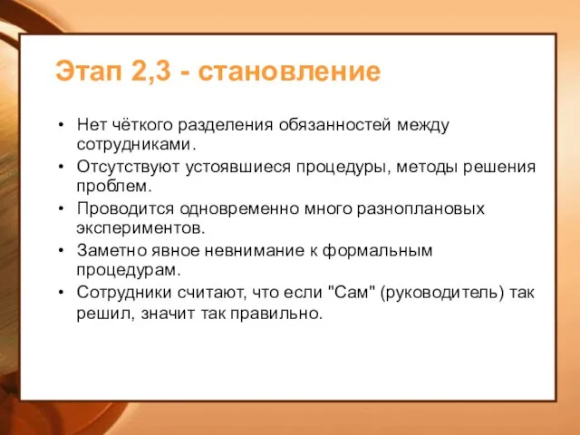 Этап 2,3 - становление Нет чёткого разделения обязанностей между сотрудниками. Отсутствуют