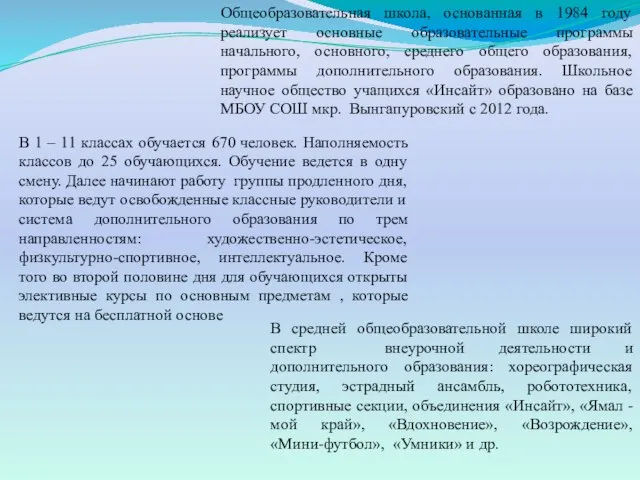 Общеобразовательная школа, основанная в 1984 году реализует основные образовательные программы начального,