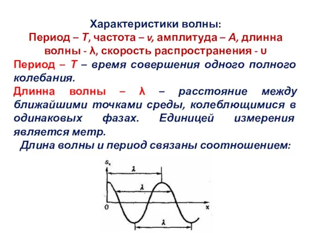 Характеристики волны: Период – Т, частота – v, амплитуда – А,