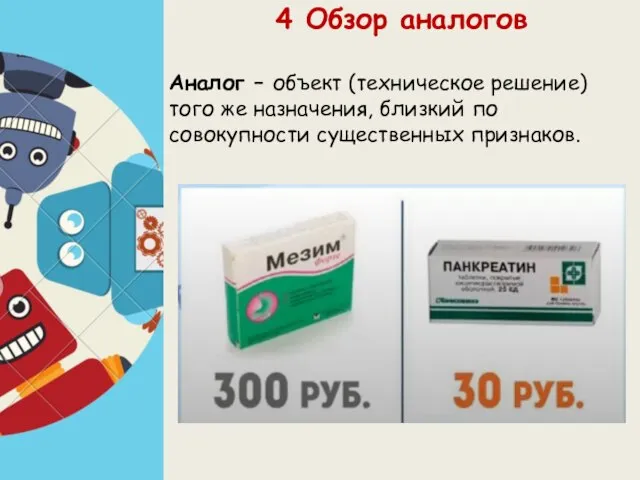 4 Обзор аналогов Аналог – объект (техническое решение) того же назначения, близкий по совокупности существенных признаков.