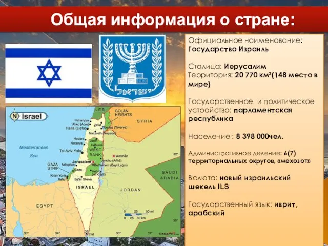 Общая информация о стране: Официальное наименование: Государство Израиль Столица: Иерусалим Территория: